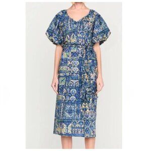 NEW MARIE OLIVER 100% Cotton Foster Puff Sleeve Midi Dress in Sapphire Tile